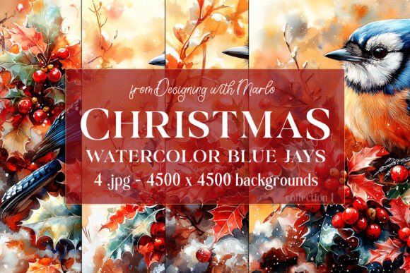 Christmas Blue Jay Backgrounds, S1: Festive Design Assets