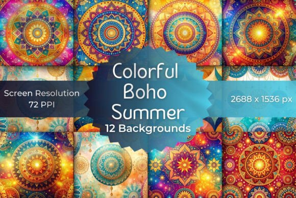 Colorful Boho Summer Backgrounds: Vibrant Digital Design Assets