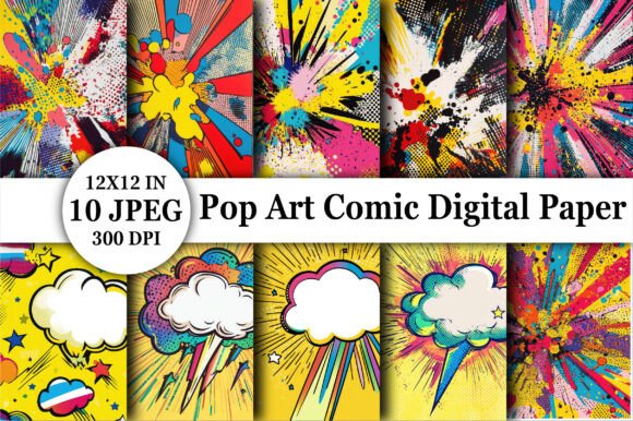 Pop Art Comic Digital Paper Backgrounds for Modern Design