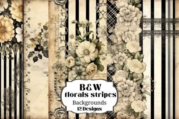 Unleash Your Creativity with 12 Vintage B&W Stripe Floral Backgrounds